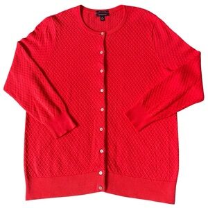 Lands' End Supima Cotton Crew Neck, Argyle Diamond Raised Knit Cardigan Red 1X